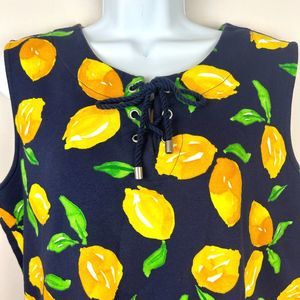 D & Company Navy Lemon Print Dress Beach Cover Up Lace Up Neckline Size L NEW